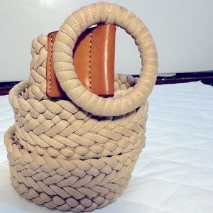 J Crew Boho Brown Leather Fabric Cream Woven Braided Wide Belt Buckle Size M/L